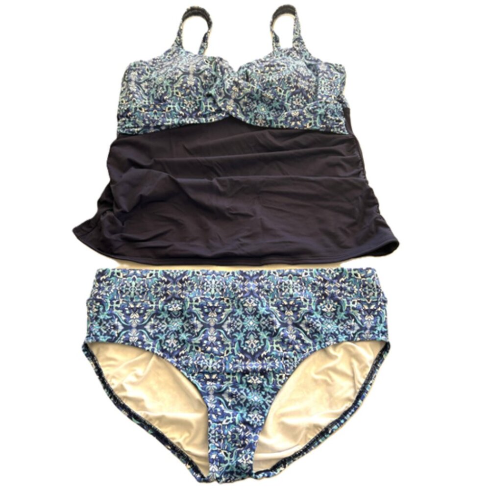 Lands End Size 16P Top 16 Bottom Blue & White Swimsuit